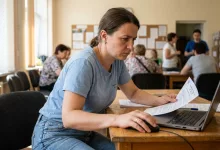 Жінка заповнює документи на ноутбуці у центрі гуманітарної підтримки