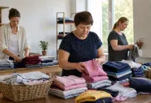 Волонтерки складають нові теплі дитячі худі у центрі допомоги