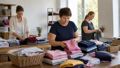 Волонтерки складають нові теплі дитячі худі у центрі допомоги