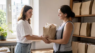 Волонтерка передає родині пакунок із дитячим харчуванням у Харкові