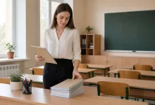 Молода вчителька готує клас до початку навчального року